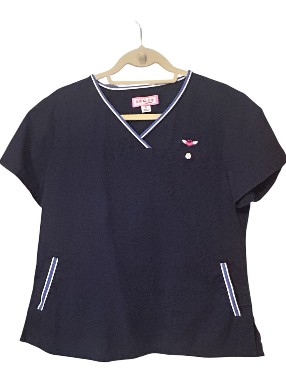 Koi Women's Navy V-Neck Scrub Top with Trim Side Pockets Heart Detail Sz L
